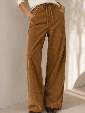 Zara Style Camel Corduroy Wide Leg Pants Size 2 High Waist Tie Front Relaxed Fit